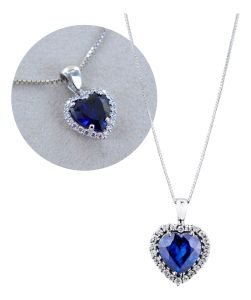 Collar Cadena Colgante Dije Corazón Zirconia Azul Plata 925